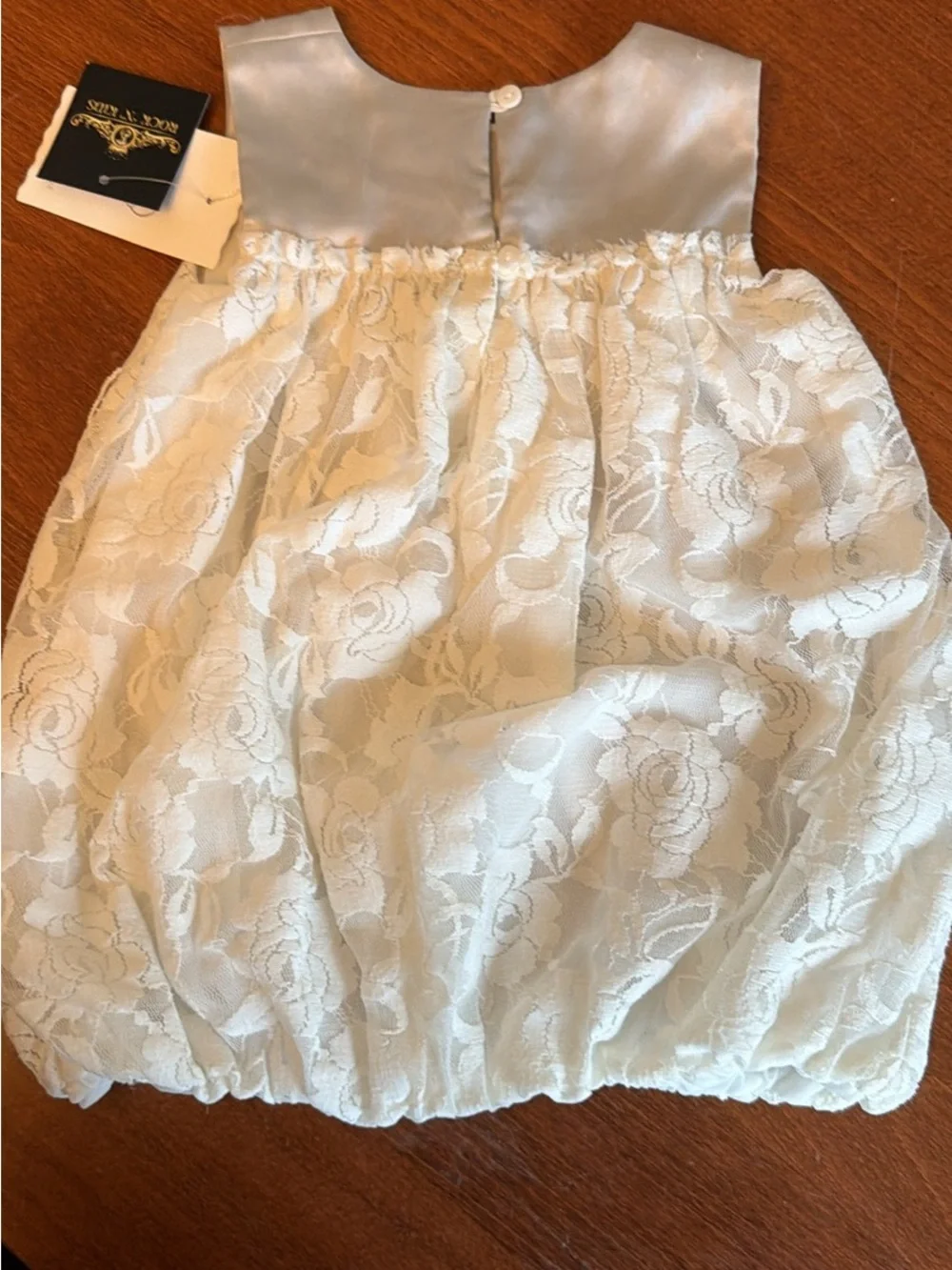 Lace Infant Bubble Dress in Light Ivory with Light Grey Satin Trim 9-12M
